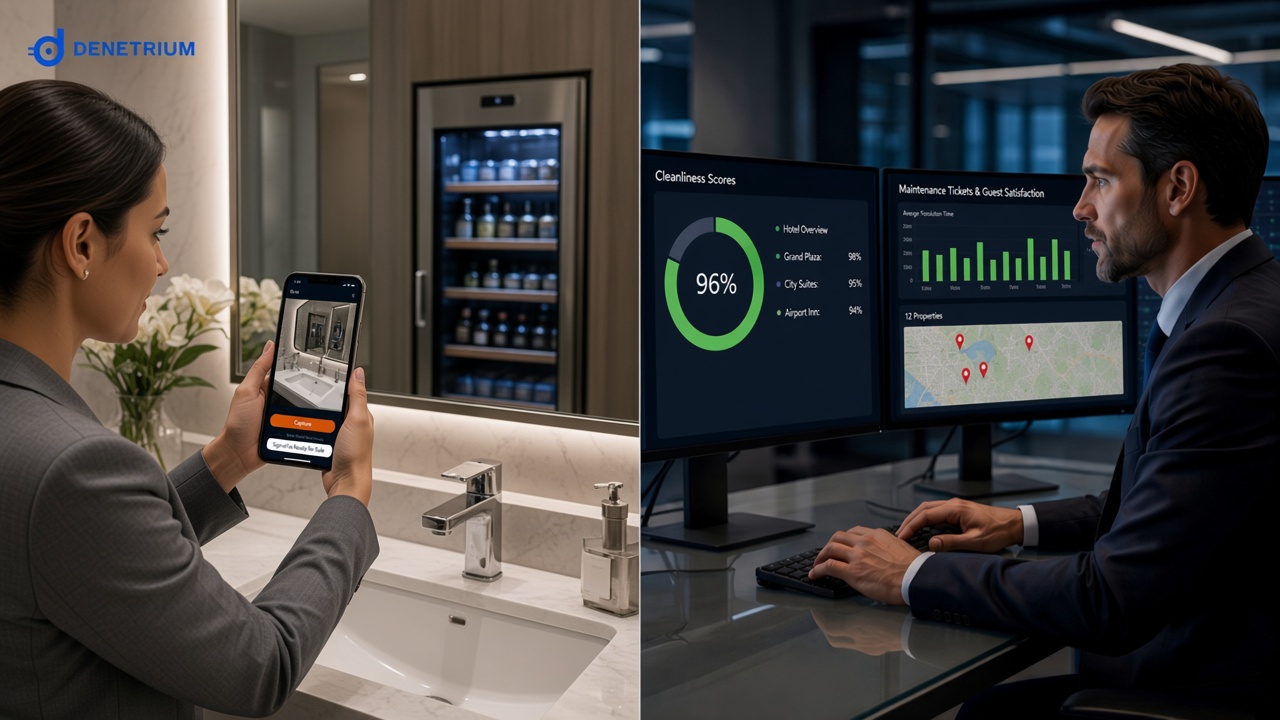Split view of a floor supervisor signing off a bathroom and minibar check, and a director tracking cleanliness scores and maintenance times across hotels. The Denetrium logo sits in the corner.