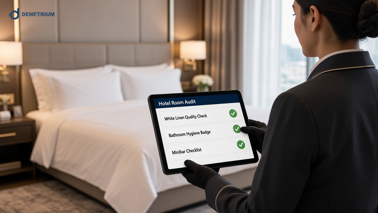 Lüks bir otel süitinde üniformalı kat hizmetleri müdürü, tablette yatak tekstili, banyo hijyeni ve minibar kontrol listesini onaylıyor. Görselin köşesinde Denetrium logosu var.
