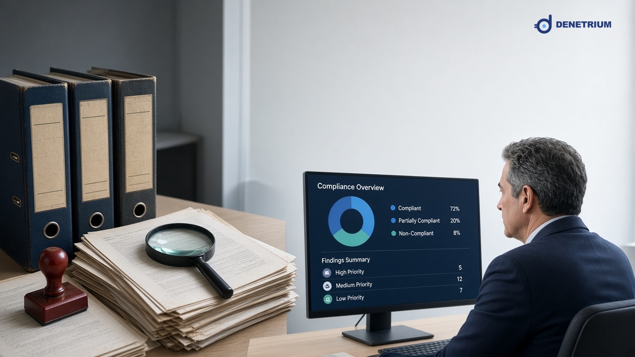 Split view of paper audit files and a chief auditor reviewing a compliance dashboard. The Denetrium logo sits in the corner.