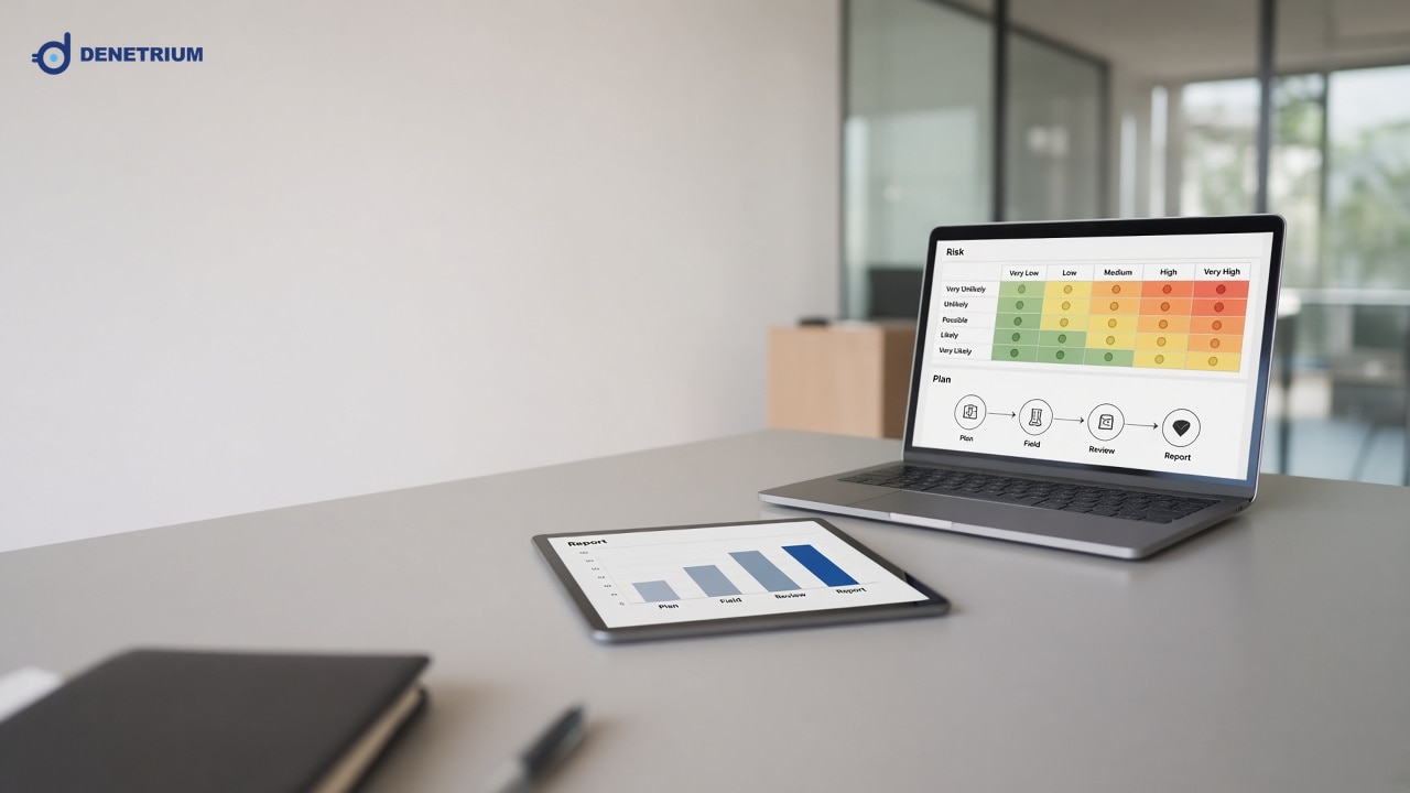 Toplantı masasında dizüstü bilgisayar ve tablette risk haritası ile denetim akışı açık. Görselin köşesinde Denetrium logosu var.