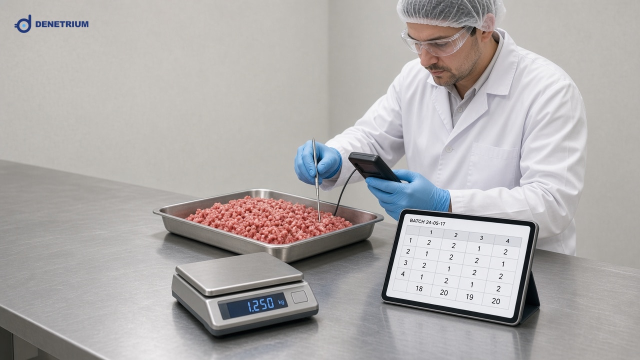 Ein Qualitätsprüfer kontrolliert Hackfleisch, Waage und Kerntemperatur in einer Edelstahlküche. Das Denetrium-Logo steht in der Ecke.