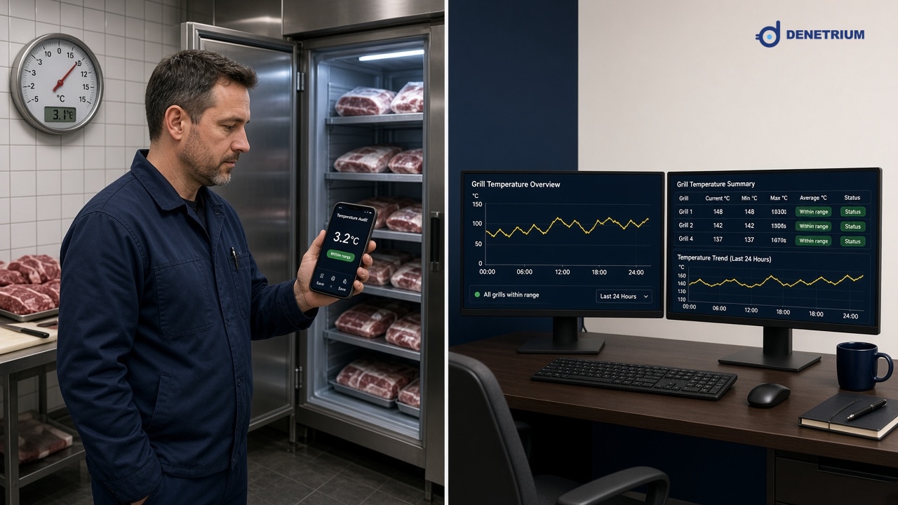 Split view of a meat cooler temperature check and grill charts on office screens. The Denetrium logo sits in the corner.