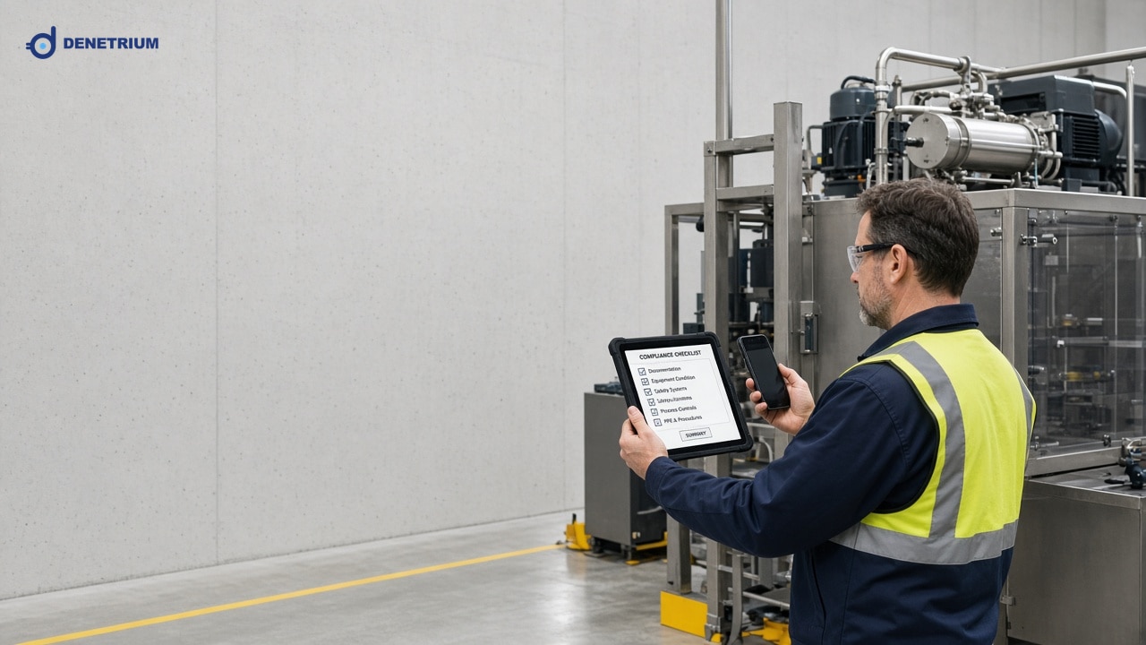 In einer Werkshalle fotografiert ein Auditor eine Anlage und hält ein Tablet mit Prüfliste. Das Denetrium-Logo steht in der Ecke.