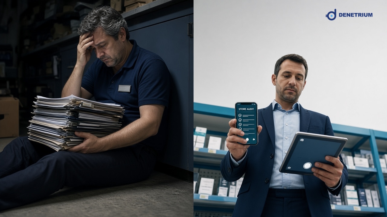Split view of paper binders and a field auditor completing a checklist on a phone and tablet. The Denetrium logo sits in the corner.