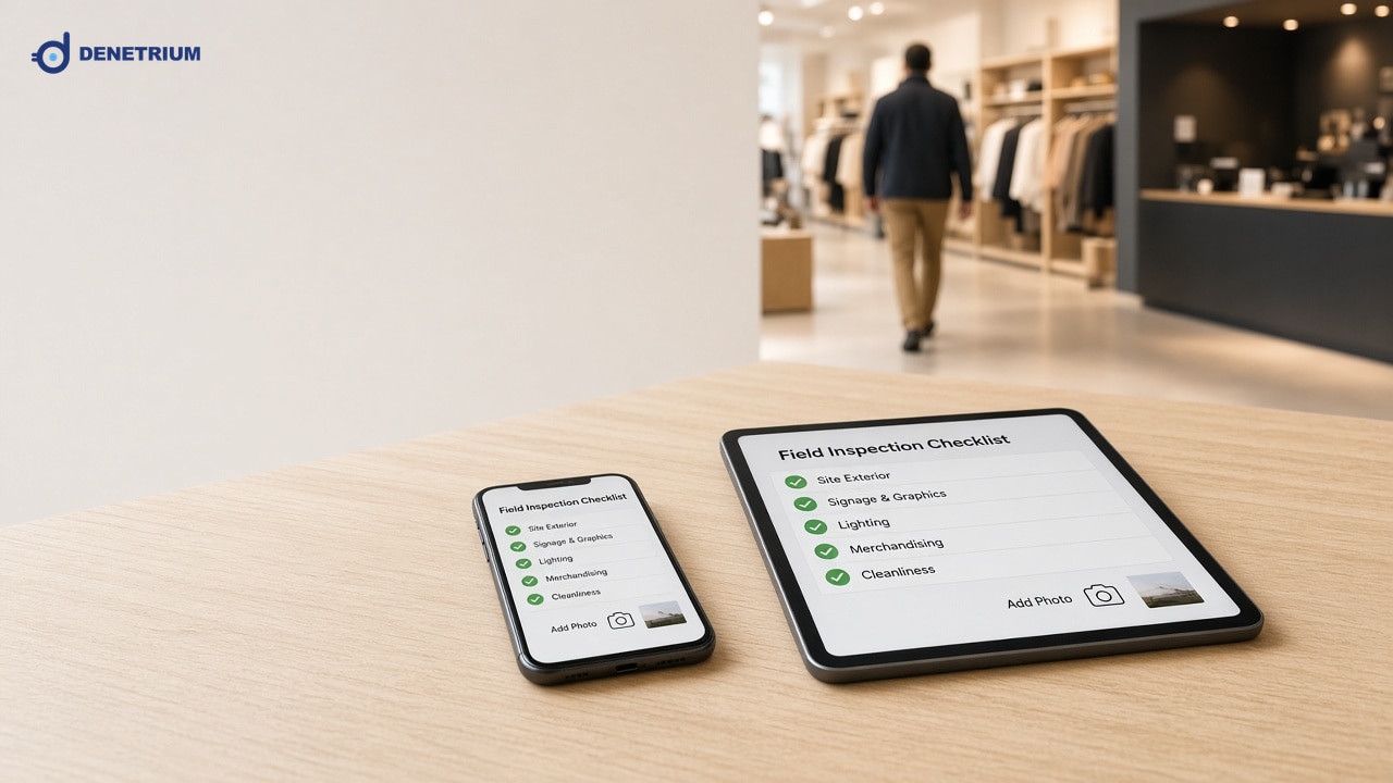 Masada duran telefon ve tablette saha denetim listesi açık; arkada bir denetçi mağazada yürüyor. Görselin köşesinde Denetrium logosu var.