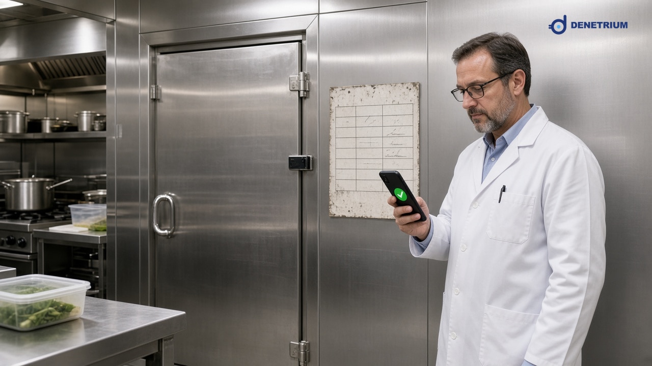 In an industrial kitchen a greasy paper temperature chart hangs by the cold-room door while a hygiene auditor records a green check on a phone. The Denetrium logo sits in the corner.