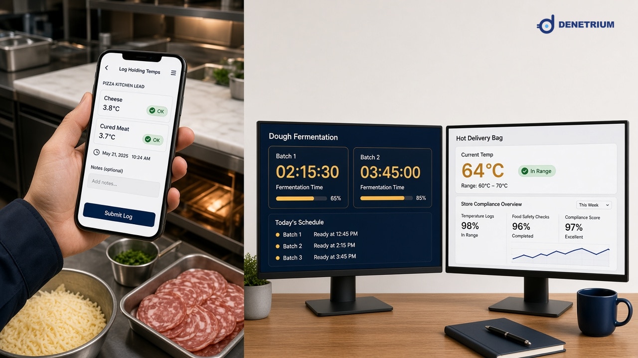 Split view of a pizza prep temperature log and dough and delivery-bag charts. The Denetrium logo sits in the corner.