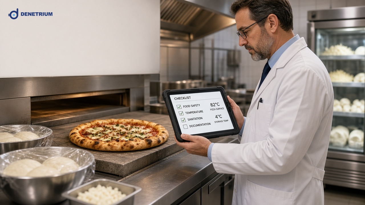 Bir denetçi fırından çıkan pizzanın yanında tabletteki sıcaklık kontrol listesini inceliyor. Görselin köşesinde Denetrium logosu var.