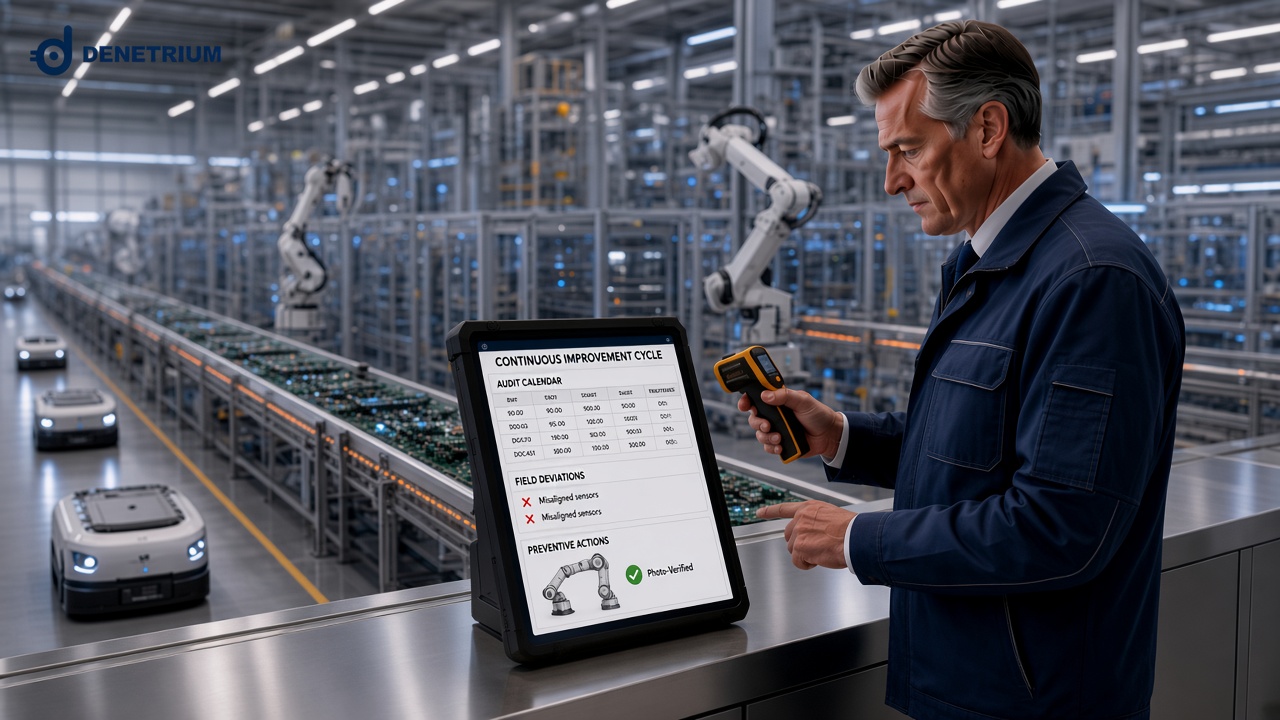 Ein Qualitätsleiter prüft an einer automatisierten Fertigungslinie ein Terminal mit Auditkalender, Feldabweichungen und foto-verifizierten Vorbeugemaßnahmen. Das Denetrium-Logo steht in der Ecke.