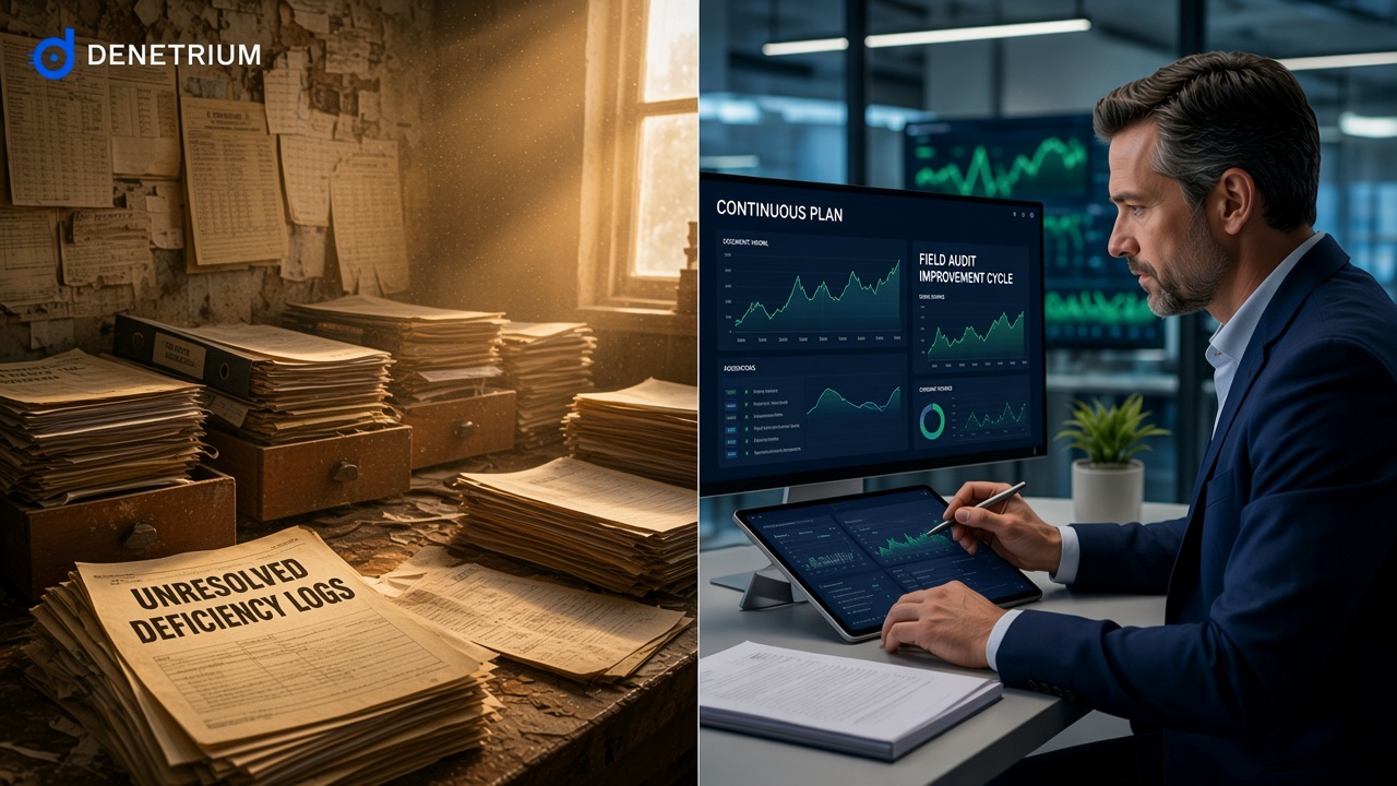 Split view of unresolved paper logs beside an operations director reviewing a continuous plan and field-audit cycle on a monitor and tablet. The Denetrium logo sits in the corner.
