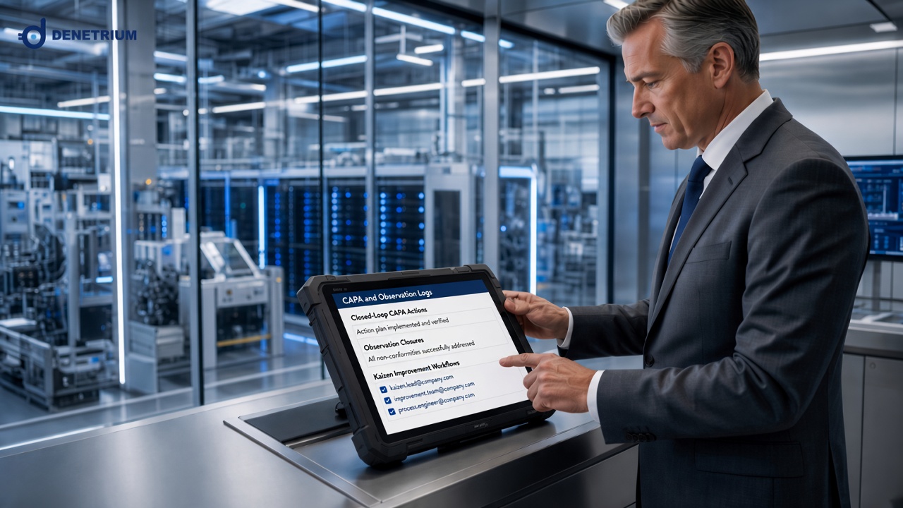 Ein Lead-Auditor prüft in einem Werk auf einem Tablet CAPA-Maßnahmen, Feststellungsbeseitigung und KVP-Workflows. Das Denetrium-Logo steht in der Ecke.