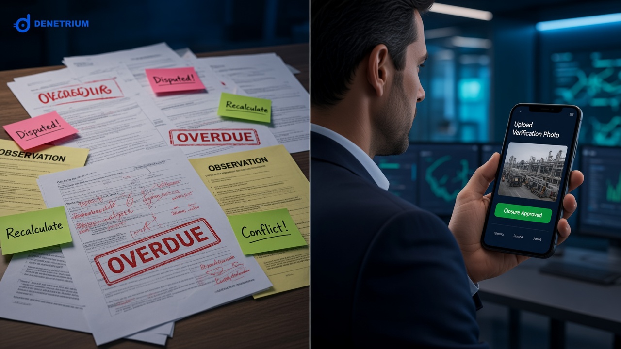 Split view of overdue paper action forms and a manager uploading a verification photo on a phone to close a remediation. The Denetrium logo sits in the corner.