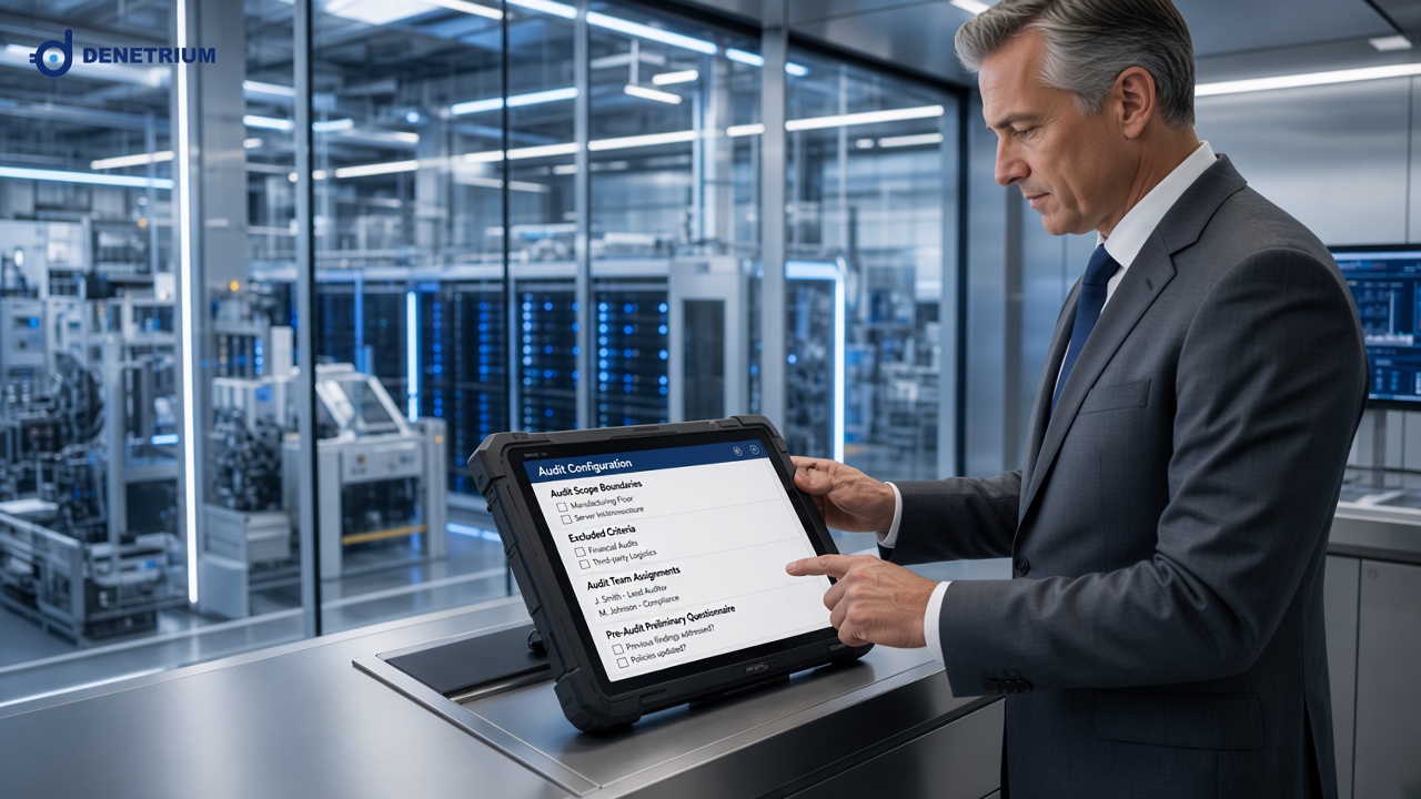 Ein Audit-Manager prüft in einem Industrie-Leitstand auf einem Tablet Prüfumfang, ausgeschlossene Kriterien und Teamzuordnung. Das Denetrium-Logo steht in der Ecke.