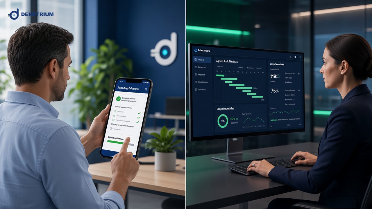 Split view of a branch manager uploading pre-audit evidence on a phone and a lead auditor reviewing agreed timelines and scope on a desktop. The Denetrium logo sits in the corner.