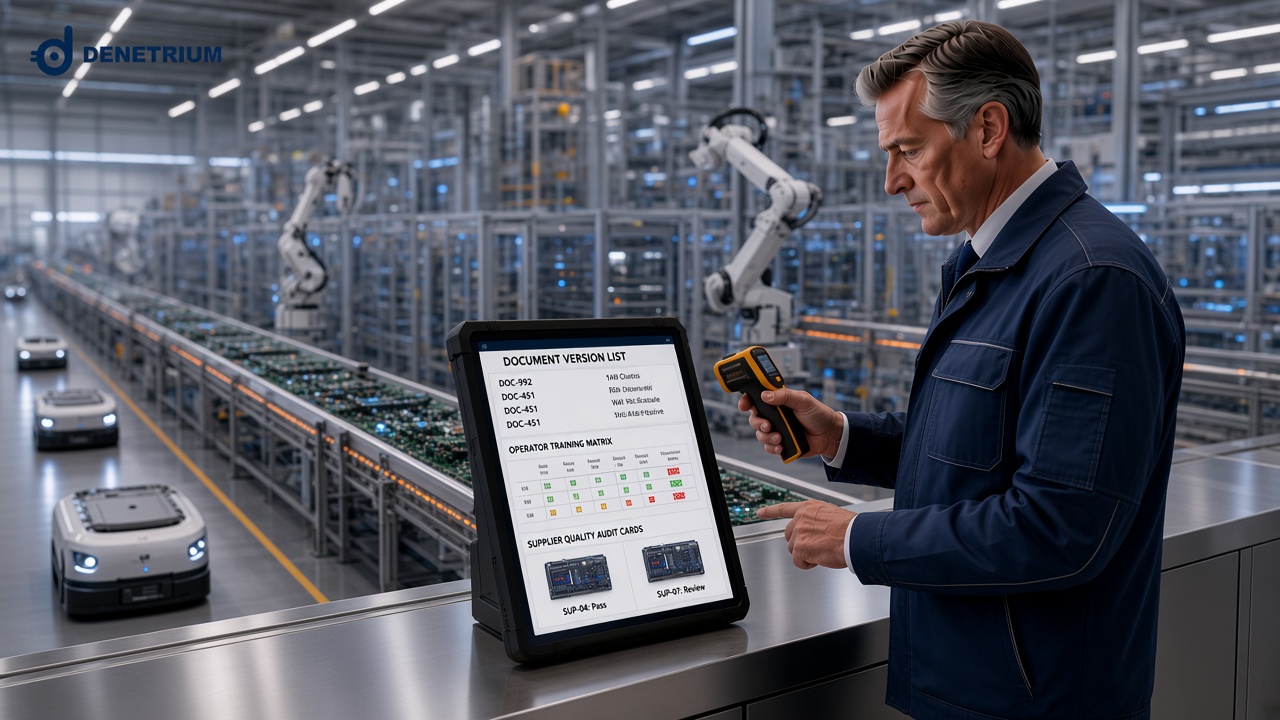 Ein Prüfer kontrolliert an einer automatisierten Fertigungslinie Dokumentenversionen, eine Schulungsmatrix und Lieferantenaudits auf einem Terminal. Das Denetrium-Logo steht in der Ecke.