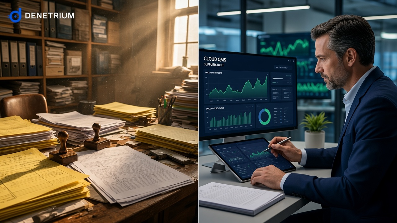 Split view of a cluttered desk with binders, yellow forms and stamps beside a quality director reviewing supplier audits and document revisions on a cloud QMS screen. The Denetrium logo sits in the corner.