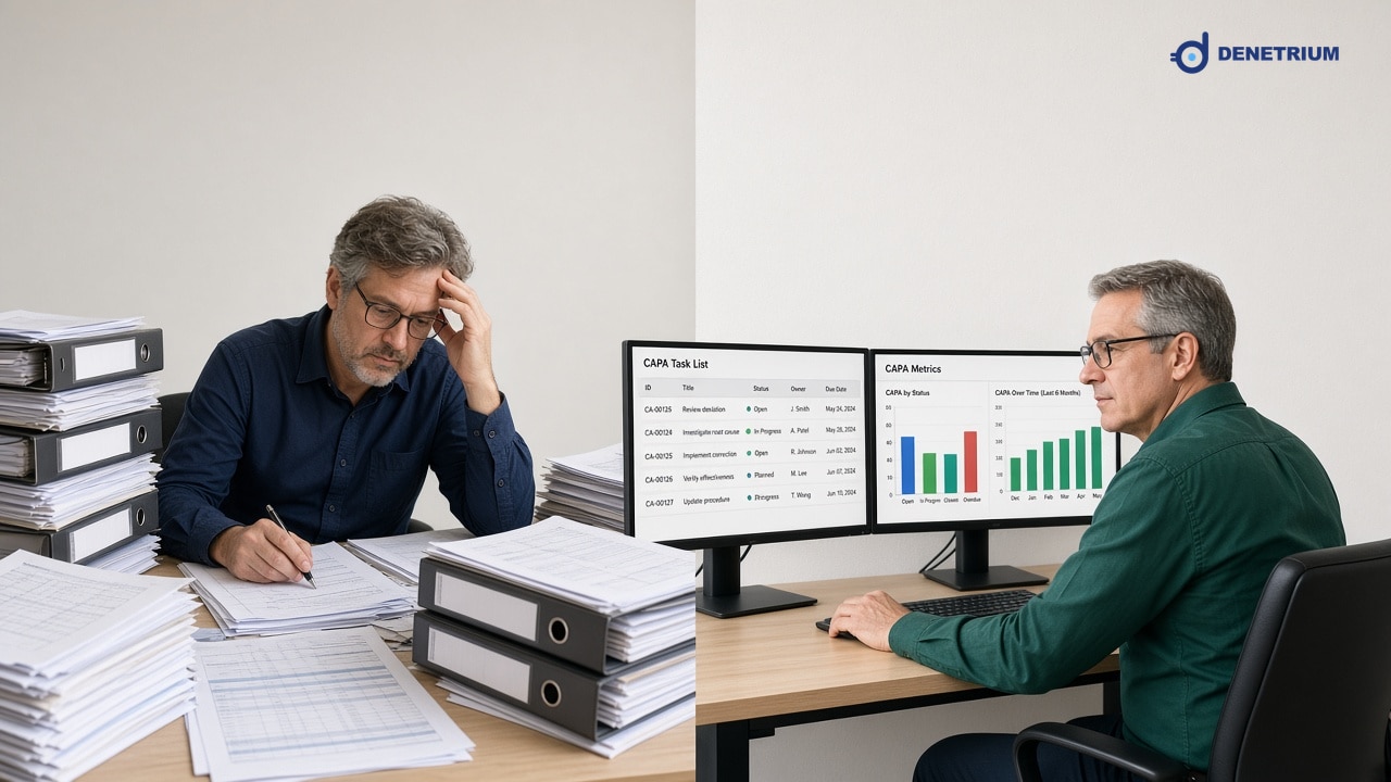 Split view of a quality inspector buried in binders and a director reviewing CAPA metrics. The Denetrium logo sits in the corner.