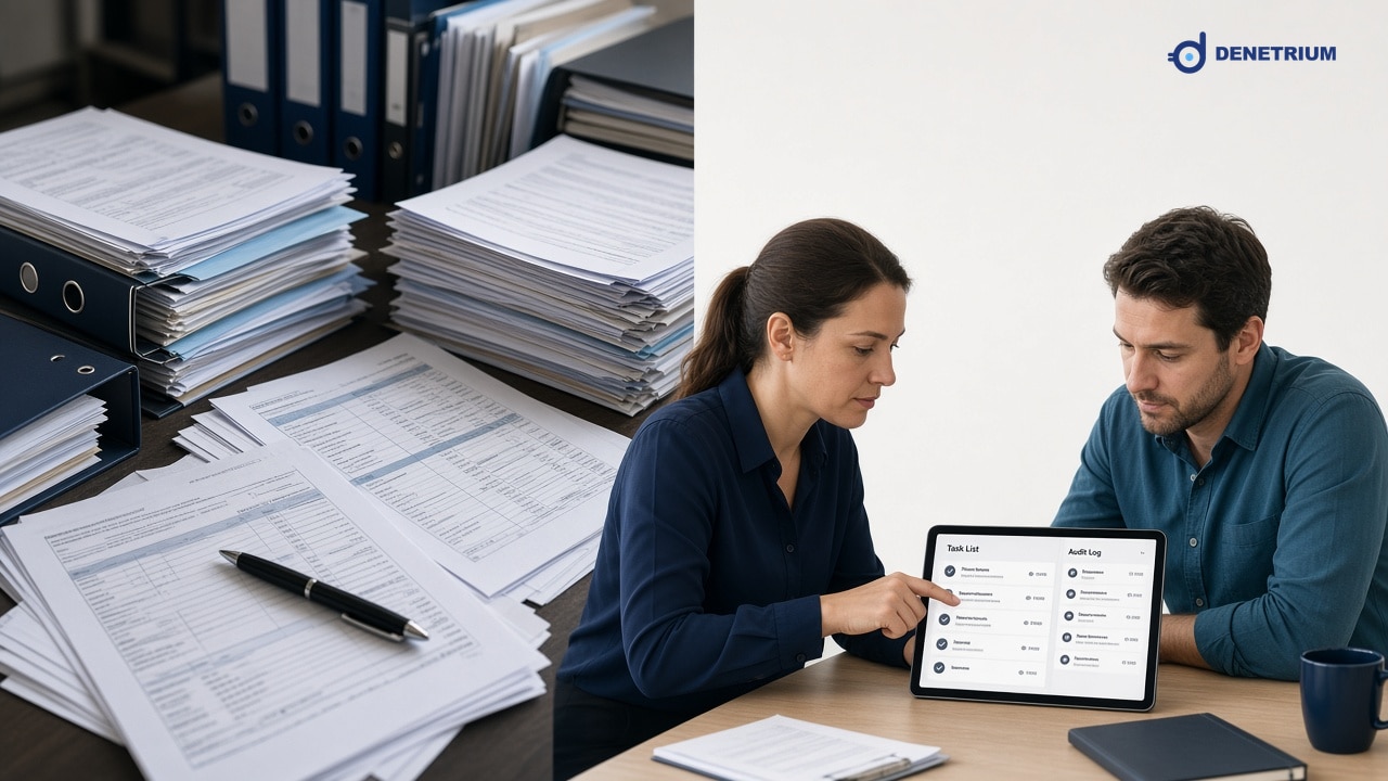 Split view of paper audit binders and a team closing actions on a tablet. The Denetrium logo sits in the corner.
