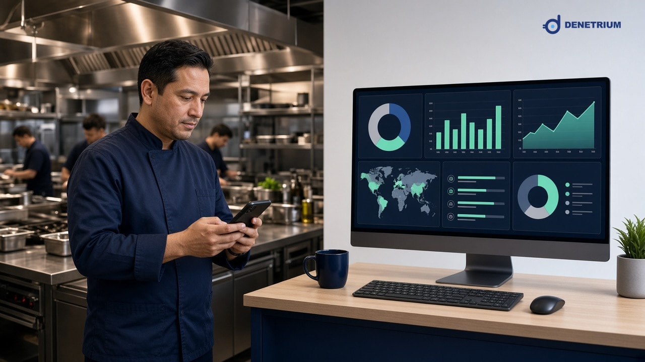 A kitchen supervisor checks a phone beside a desktop of food-safety charts. The Denetrium logo sits in the corner of the image.