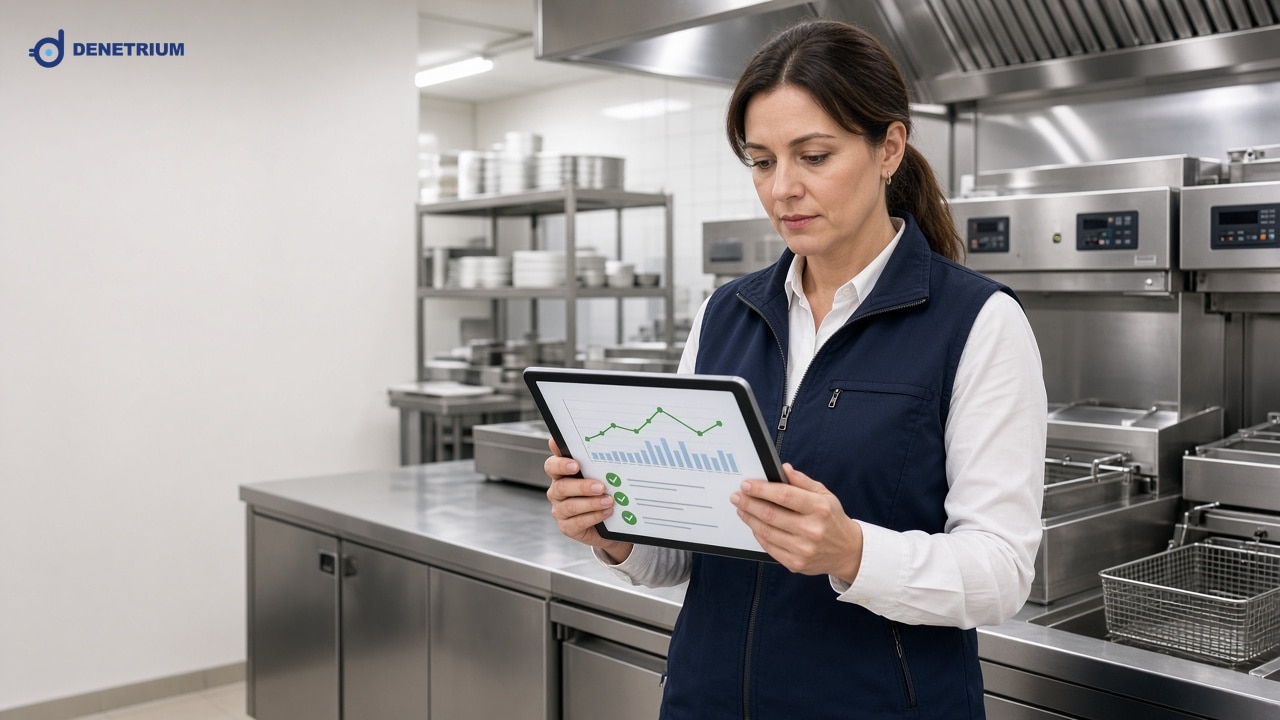 Paslanmaz çelik bir fast-food mutfağında yelekli bir gıda güvenliği denetçisi, tablette sıcaklık grafiği ve kontrol listesine bakıyor. Görselin köşesinde Denetrium logosu var.