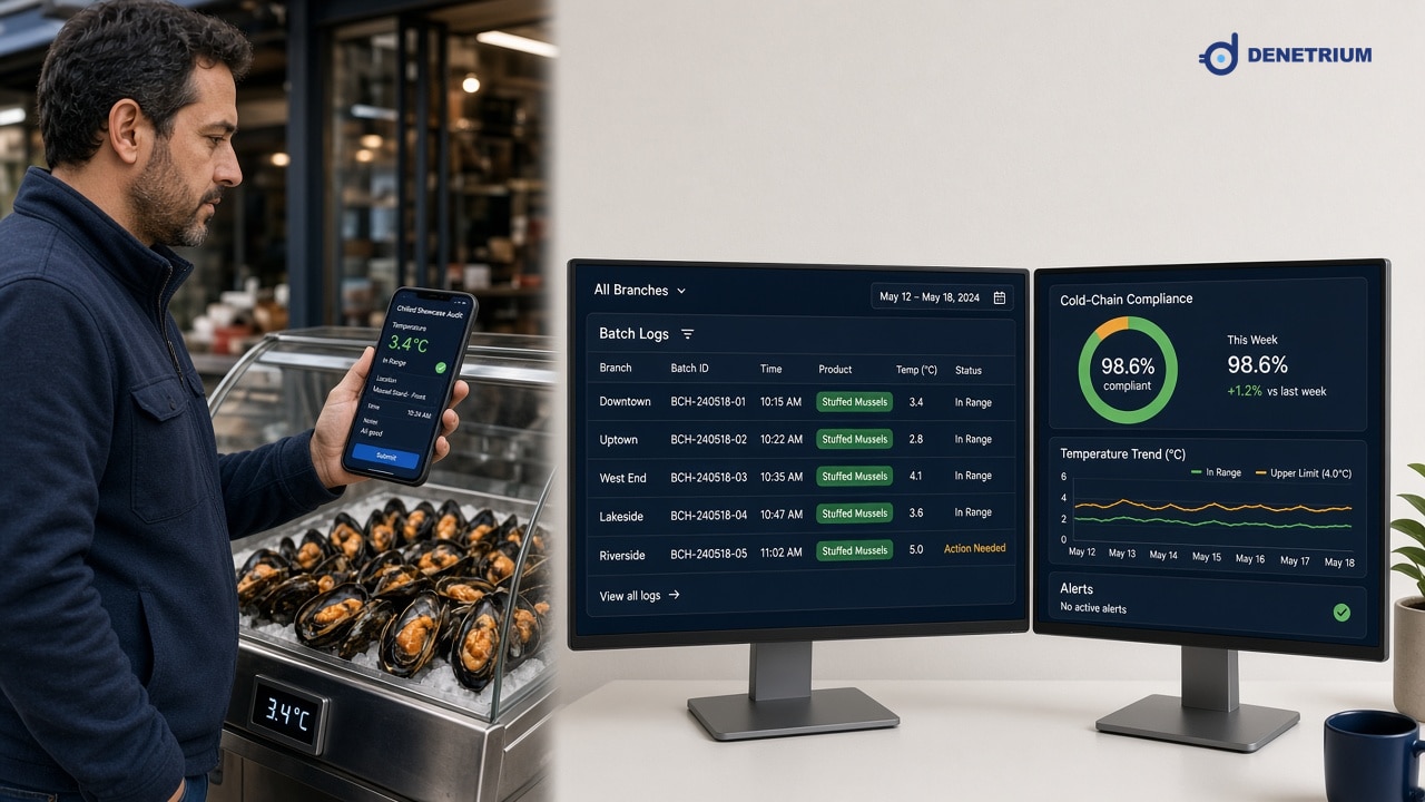 Split view of a chilled mussel showcase check and multi-branch cold-chain charts. The Denetrium logo sits in the corner.