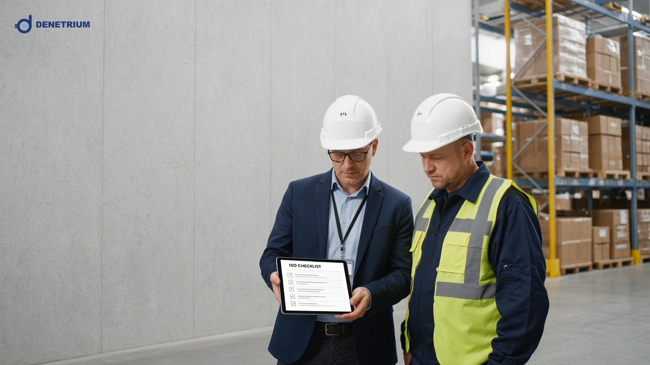 In einem Logistikzentrum prüft ein zertifizierter externer Auditor eine Checkliste auf dem Tablet. Das Denetrium-Logo steht in der Ecke.