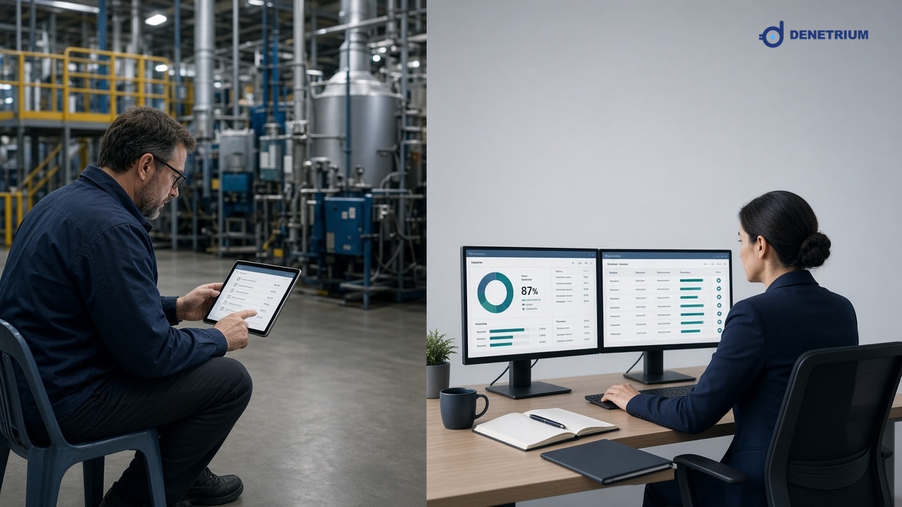 Split view of an on-site external auditor and a quality director reviewing third-party scorecards. The Denetrium logo sits in the corner.