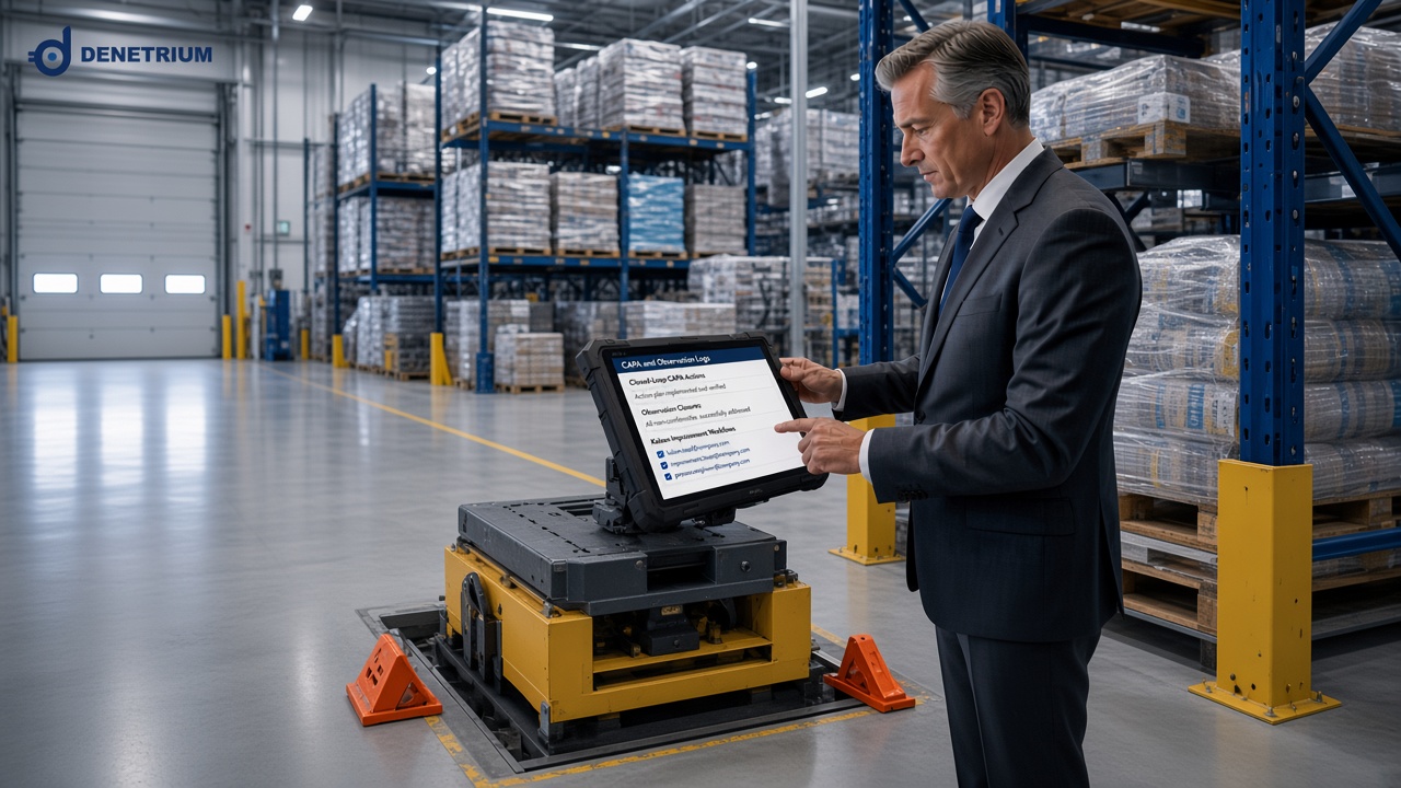 Ein Prüfer kontrolliert an einer Verladerampe mit Unterlegkeilen die Checkliste auf einem Tablet; im Hintergrund stehen Palettenregale. Das Denetrium-Logo steht in der Ecke.