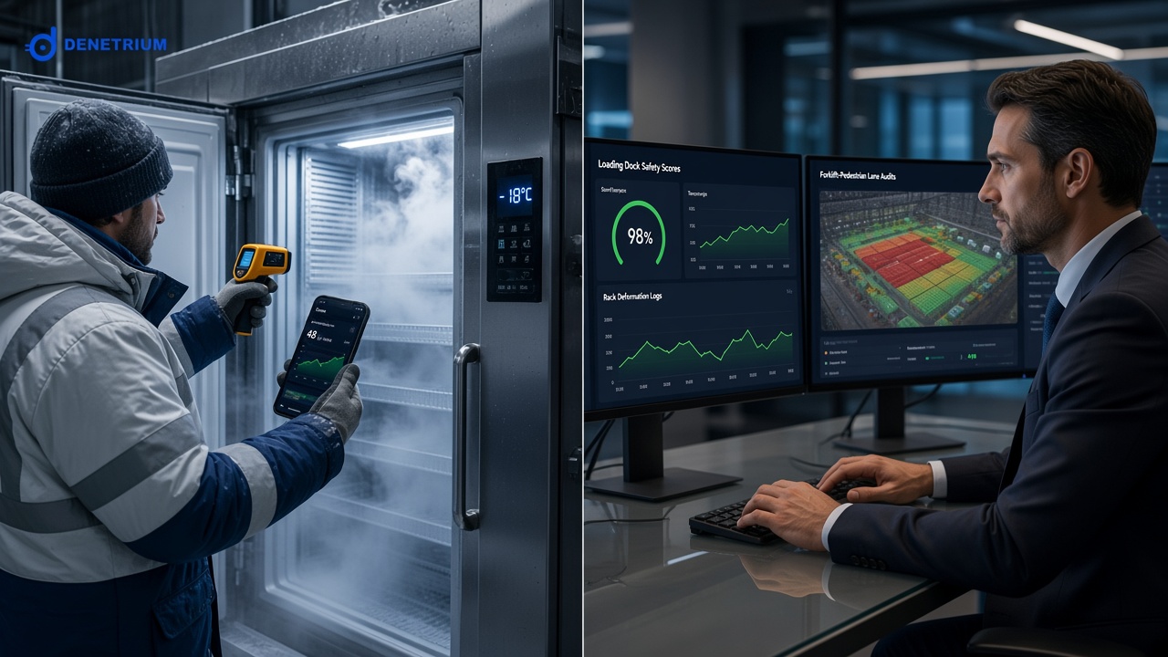 Split view of a supervisor checking a freezer with an infrared thermometer and a logistics director watching dock safety and forklift-lane scores. The Denetrium logo sits in the corner.